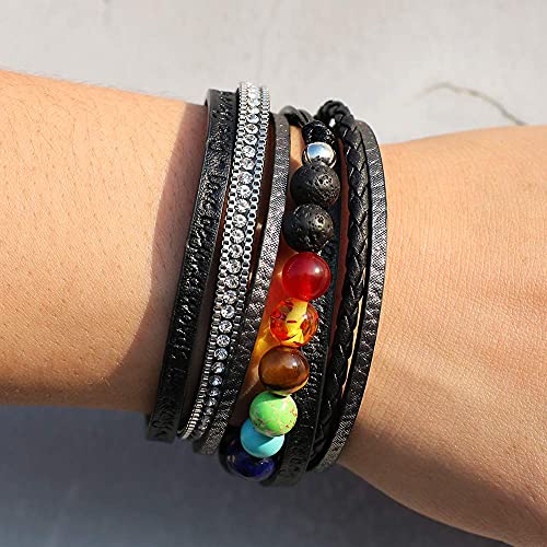 Vercret Leather Wrap Bracelet for Women, Multi-Layer Cuff Bangle | Boho Stacked Bracelets with Safe Clasp Western Bangle Jewelry Gift for Lady and Mom Sister Friend - style: Chakra