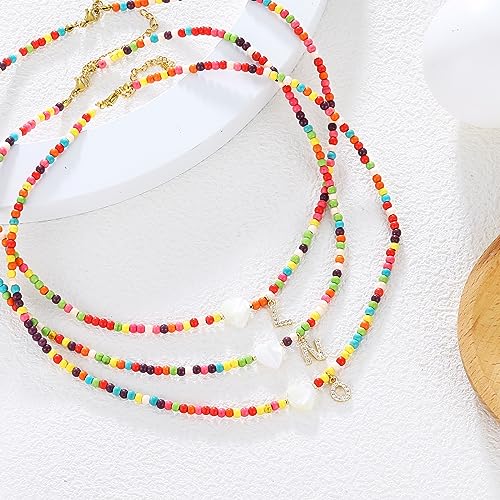 MJartoria Initial Necklaces for Women, Colorful Beaded Necklace, Shell Beach Necklace Letter Choker Handmade Jewelry Gifts - style: N
