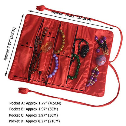 Travel Jewelry Roll Bag - Embroidered Brocade Pouch for Rings, Necklaces, Earrings, Bracelets | Lightweight & Tie Closure (Red) - color: Red