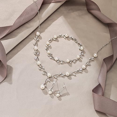 EVER FAITH Cubic Zirconia Pearl Leaf Bridal Jewelry Set for Bride Women | White Wedding Prom Necklace Dangle Earrings Bracelet, for Bridesmaid - color: Pearl_Silver-Plated-Brass