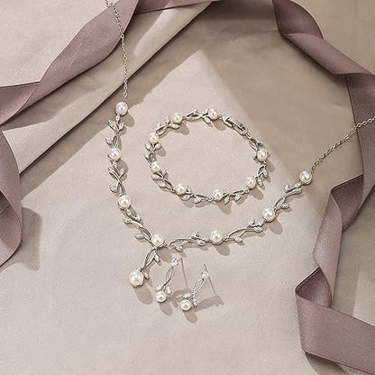 EVER FAITH Cubic Zirconia Pearl Leaf Bridal Jewelry Set for Bride Women | White Wedding Prom Necklace Dangle Earrings Bracelet, for Bridesmaid - color: Pearl_Silver-Plated-Brass