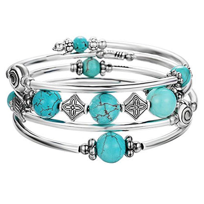Beaded Pearl Bangle Wrap Bracelet - Fashion Bohemian Jewelry Multilayer Charm Bracelet with Thick Silver Metal Beads, Gift For Women - color: Turquoise