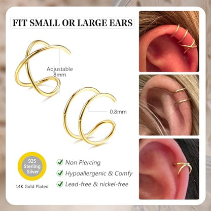 MILACOLATO 4Pcs 925 Sterling Silver Ear Cuffs for Women 14K Gold Plated Adjustable Ear Cuffs Non Piercing Minimalist Ear Cuff Earrings Fake Helix Cartilage Clip on Earrings Hypoallergenic - color: Gold