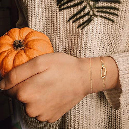 Dainty Gold Bracelets for Women, 14K Gold Plated Adjustable Layered Beads Bracelet Cute Evil Eye Oval Chain Pearl Bar Turtle Gold Bracelets for Women Jewelry - style: Beads Chain&Oval Screw Clasp