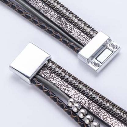 Chunky Boho Leather Wrap Bracelets Cowgirl Beaded Circle Western Jewelry | Stackable Infinity Layered Bohemian Magnetic Clasp Cuff Statement Fashion Colorful Country Hippie Outfits for Women Trendy - color: Grey