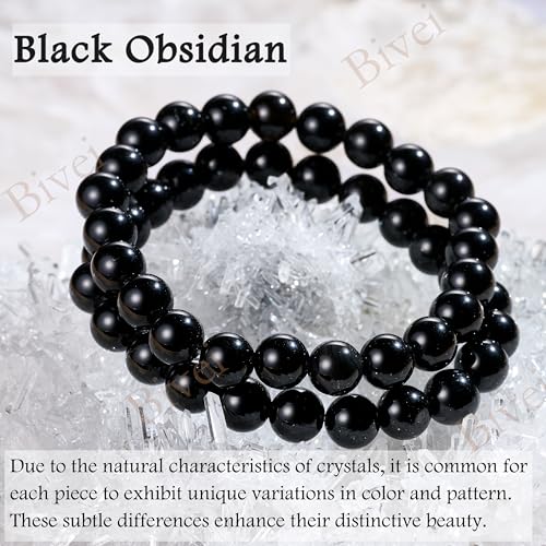 Bivei 8mm Beaded Bracelets for Women Handmade Semi Precious Natural Stone Stretch Elastic Jewelry Yoga Protection Gifts - color: Black Obsidian - Strength, size: Medium 6.8-7.3 inch