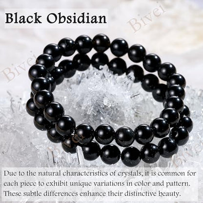 Bivei 8mm Beaded Bracelets for Women Handmade Semi Precious Natural Stone Stretch Elastic Jewelry Yoga Protection Gifts - color: Black Obsidian - Strength, size: Small 6.5-6.7 inch