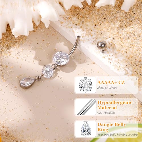 14G G23 Titanium Dangle Belly Button Ring for Women Dangling Navel Rings Hypoallergenic Teardrop Shiny CZ Belly Ring Internally Threaded Navel Piercing Jewelry - color: Silver