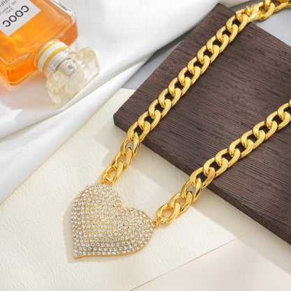 Gold Cuban Link Chain Necklace with Red Crystal Heart Pendant, Statement Chunky Curb Link Chain，Fashion Jewelry for Women - color: White