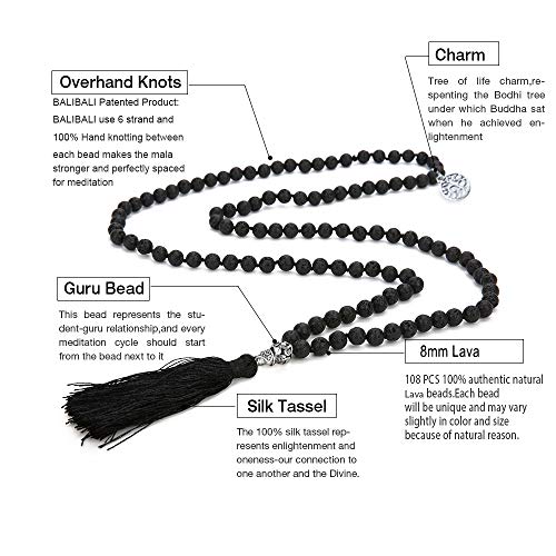 108 Mala Beads Necklace Semi-Precious Gem Stones Meditation Necklace 108 Hand Knotted Japa Mala Beaded Tassel Necklace with Tree of Life Pendant - color: Natural Lava Stone