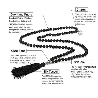 108 Mala Beads Necklace Semi-Precious Gem Stones Meditation Necklace 108 Hand Knotted Japa Mala Beaded Tassel Necklace with Tree of Life Pendant - color: Natural Lava Stone
