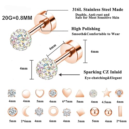 18Pairs 20G 18G Stainless Steel Tiny Stud Earrings for Women Cartilage Helix Earrings Ball Star CZ Earrings - color: Rose Gold, size: 20G
