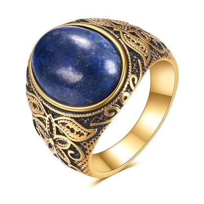 Retro Large Tiger Eye Stone Turquoise Wedding Ring For Men Classical Gothic Stainless Steel Rings - color: Gold-Blue