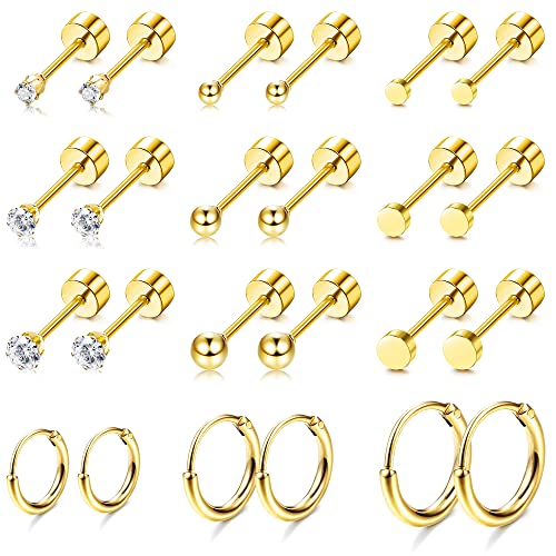 FASACCO Small Tiny Stud Flat Back Earring Hypoallergenic Gold Studs 14K Surgical Steel Earring Sets for Multiple Piercing Cartilage Hoop Earrings - color: gold tone
