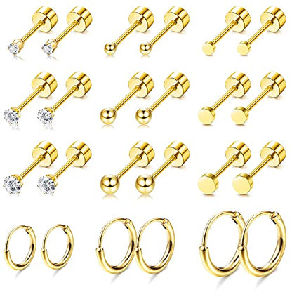 FASACCO Small Tiny Stud Flat Back Earring Hypoallergenic Gold Studs 14K Surgical Steel Earring Sets for Multiple Piercing Cartilage Hoop Earrings - color: gold tone