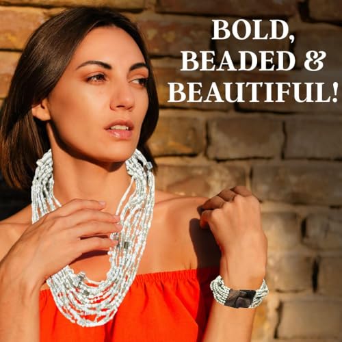 Shop LC Seed Bead Necklace Bracelet Set Boho Jewelry for Women | Multi Layered Boho, Wooden Clasp, 18 Inch Necklace, Stretchable Bracelet - color: White