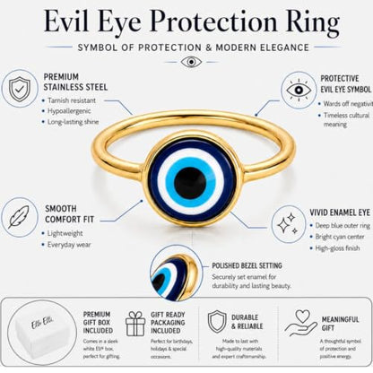 Ello Elli Gold Tone Evil Eye Ring for Women, Gold Plated Stainless Steel Band, Evil Eye Protection Design, Minimalist Everyday Jewelry