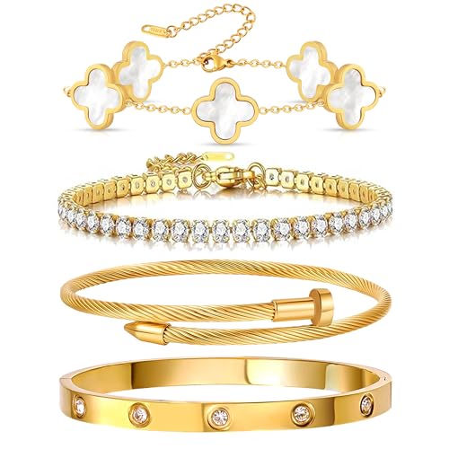 Gold Bracelets for Women, 18K Gold Plated Women Tennis Bracelets Clover Nail Love Bangle Bracelet Set, Gold Bracelet Stackable Set Trendy Jewelry, Gifts for Women's Day and Mother's Day - color: 09-Color- 4 White