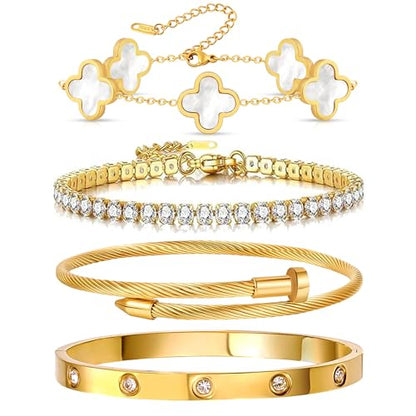 Gold Bracelets for Women, 18K Gold Plated Women Tennis Bracelets Clover Nail Love Bangle Bracelet Set, Gold Bracelet Stackable Set Trendy Jewelry, Gifts for Women's Day and Mother's Day - color: 09-Color- 4 White