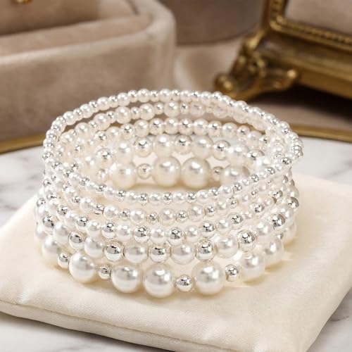 14K Gold Plated Beaded Bracelets Stack Set for Women,Stretch Boho Ball Jewelry Friendship Trendy - color: Silver pearl