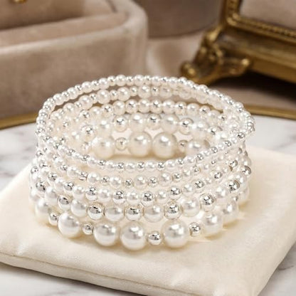 14K Gold Plated Beaded Bracelets Stack Set for Women,Stretch Boho Ball Jewelry Friendship Trendy - color: Silver pearl
