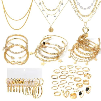 17IF 38-59 Pcs(9-8 Pack) Gold Plated Jewelry Set for Women With 8 Necklace 12 Bracelet 27 Ring 12 Pair Earring Hoop Simple Sparkle for Happy - style: Golden-38Pcs
