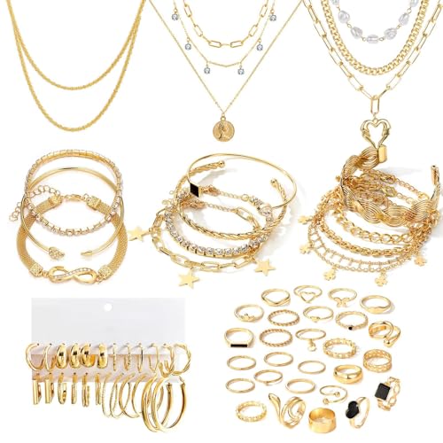 17IF 38-59 Pcs(9-8 Pack) Gold Plated Jewelry Set for Women With 8 Necklace 12 Bracelet 27 Ring 12 Pair Earring Hoop Simple Sparkle for Happy - style: Golden-38Pcs