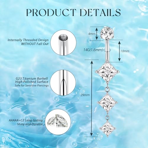 GAGABODY G23 Titanium Dangly Belly Button Ring Long Belly Rings Belly Piercing Jewelry 14G 3/8 inch 10mm Navel Barbell CZ Navel Piercing Ring - color: Style1:Silver+Dangle Square Shape Clear CZ