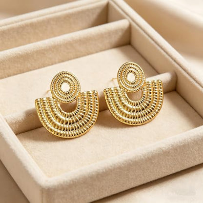 Gold Statement Earrings For Women, 14K Gold Plated Textured Geometric Drop Earrings - Hypoallergenic Stainless Steel Statement Earrings for Women, Waterproof Fan-Shaped Dangle Earrings for Beach & Daily Wear - color: Fan DKE252046GL