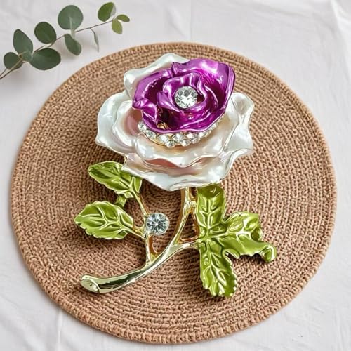 Gradient Purple Rose Flower Brooch Enamel Crystal Floral Lapel Pin Gold Tone Elegant Brooch for Women Suit Coat Scarf Accessory - color: Violet Pink