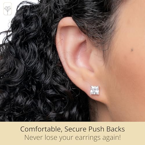 MAX + STONE Plated Sterling Silver Cubic Zirconia Stud Earrings (Round & Princess) - size: 6MM, style: Princess
