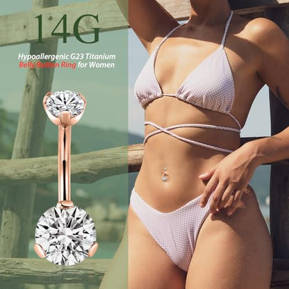 FUNLMO 14G Belly Button Ring Titanium Belly Button Piercing Belly Ring Internally Threaded Navel Piercing Jewelry - color: Rose gold-Clear CZ