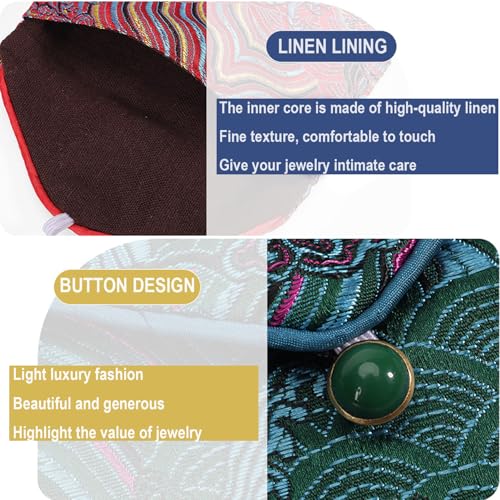 2pcs Embroidery Jewelry Roll 2 Styles Jewelry Silk Purse Pouchs Damask Cloth Roll Brocade Organizer with Snap Button and Zipper Small Gift Bags for Travel Storage Jewelry/Peacock Green - color: 01 Peacock