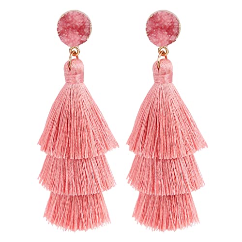 Bohemian Tiered Tassel Earrings with Druzy Stud for Women | Long Layered Fringe Drop Earrings, Statement Jewelry for Party Beach Festival - color: Blush