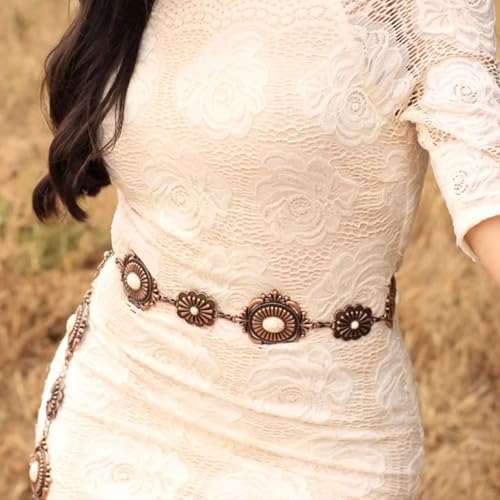 Montana West Rustic Couture's Turquoise Western Concho Chain Belt for Women | Large Western Cowgirl Metal Adjustable Boho Body Chain Belt for Dresses Jeans Country Concert - color: Angel White Smoke