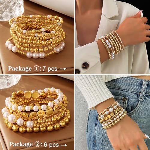 KISS WIFE Gold Beaded Bracelets for Women, Stackable Stretch Bracelet Set | 13 stretch bracelets combine polished gold-tone beads and faux pearls for stacked or individual everyday styling. - color: Gold