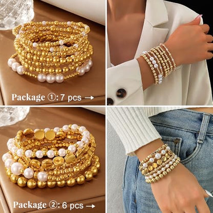 KISS WIFE Gold Beaded Bracelets for Women, Stackable Stretch Bracelet Set | 13 stretch bracelets combine polished gold-tone beads and faux pearls for stacked or individual everyday styling. - color: Gold