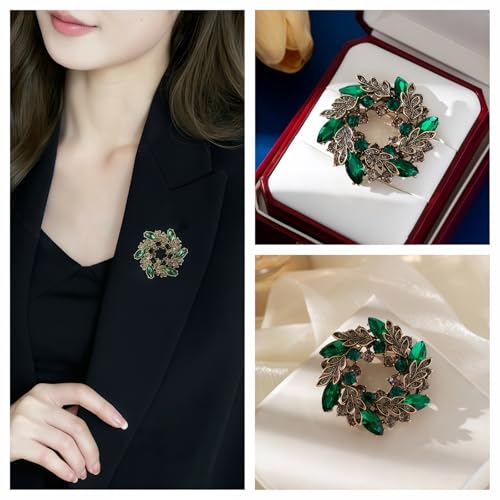2pcs Rhinestone Brooch Pin for Women Dress Elegant Stylish Crystal Brooches Fashion Accessories Pins Lapel Boutonniere Ideas Wedding Christmas Birthday Jewelry Easter Gift - color: 16 Gold TFN/Green