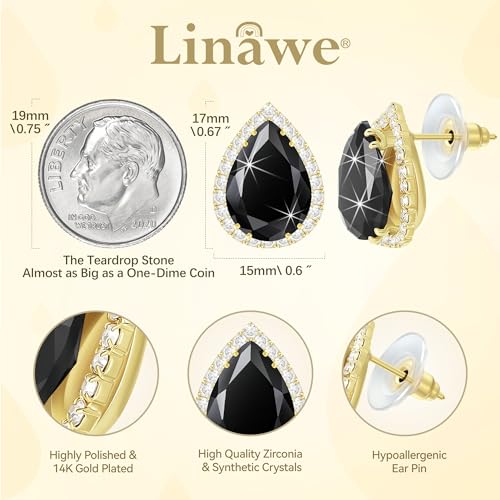 Linawe Women Stud Earrings, Teardrop Diamond Moissanite Cubic Zirconia Earrings Studs Rhinestone Jewelry Gold/Silver/Rose Gold - color: Gold,Blk