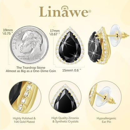 Linawe Women Stud Earrings, Teardrop Diamond Moissanite Cubic Zirconia Earrings Studs Rhinestone Jewelry Gold/Silver/Rose Gold - color: Gold,Blk