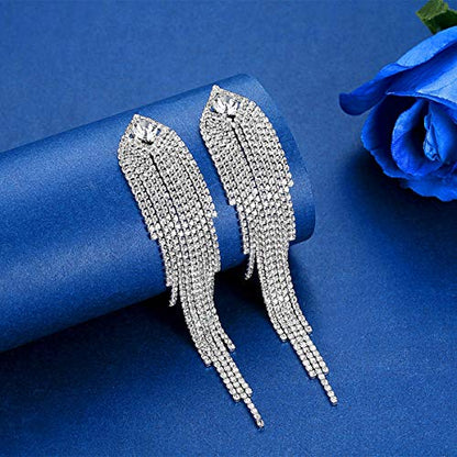 Silver Rhinestone Crystal Bridal Chandelier Long Tassels Dangle Earrings for Wedding - color: C-3