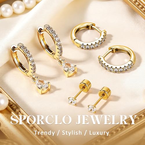 14K Gold Hoop Dangle Stud Earrings Surgical Steel Helix Piercing | Hypoallergenic,Cubic Zirconia,3 Pairs Huggie Hoop Set for Women,Dangle Stud,Cartilage Tragus Conch Earring,Jewelry Gift - color: A6-Gold Teardrop CZ