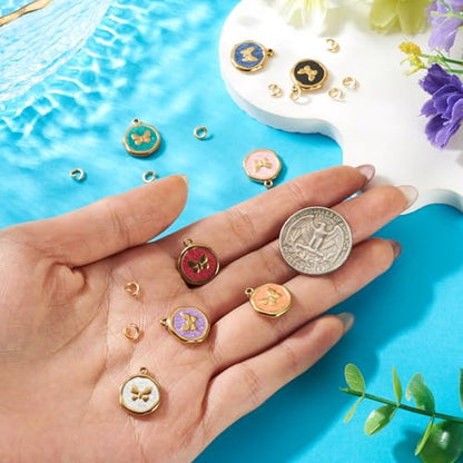 8Pcs Cute Butterfly Enamel Charms Stainless Steel Pendant Mixed Color Flat Round with Butterfly Dangle Charm Golden for DIY Necklace Earring Keychain Jewelry Making - color: Butterfly