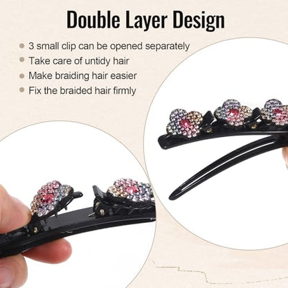 8 Pcs Braided Hair Clips for Women, Sparkling Crystal Stone Pearl Barrette | Rhinestone Duckbill Braid Clips for Women with 3 Small Flower Crystal Hair Accessories Girls Styling Sectioning - color: PURPLE, PINK AND WHITE