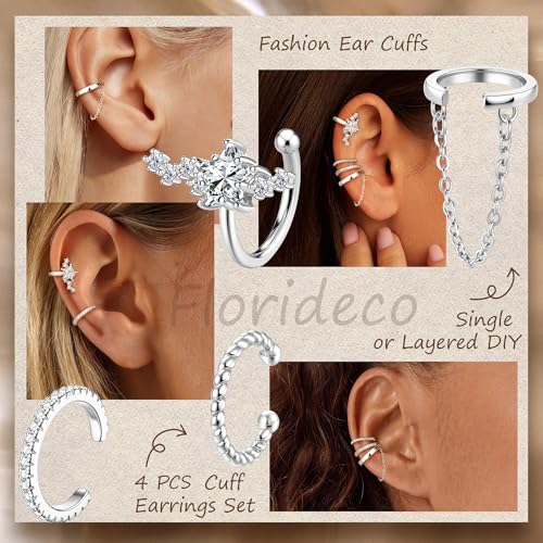 Florideco 4 PCS Ear Cuffs Non Piercing Hypoallergenic 14K Gold Plated Ear Cuff Earrings for Women Trendy CZ Clip On Cartilage Earring Set Dainty Adjustable Fake Piercings Earrings - color: Northstar: Silver Plated