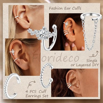 Florideco 4 PCS Ear Cuffs Non Piercing Hypoallergenic 14K Gold Plated Ear Cuff Earrings for Women Trendy CZ Clip On Cartilage Earring Set Dainty Adjustable Fake Piercings Earrings - color: Northstar: Silver Plated