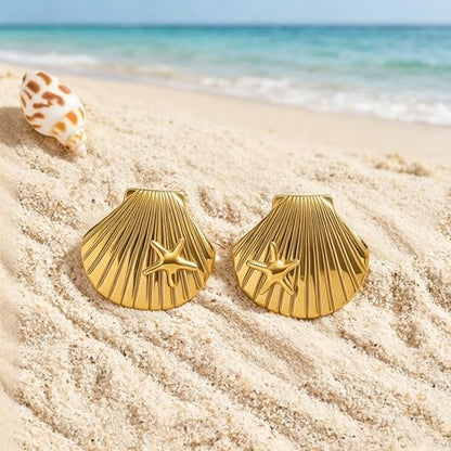 Gold Statement Earrings For Women, 14K Gold Plated Textured Geometric Drop Earrings - Hypoallergenic Stainless Steel Statement Earrings for Women, Waterproof Fan-Shaped Dangle Earrings for Beach & Daily Wear - color: Starfish seashell DKE252019GL