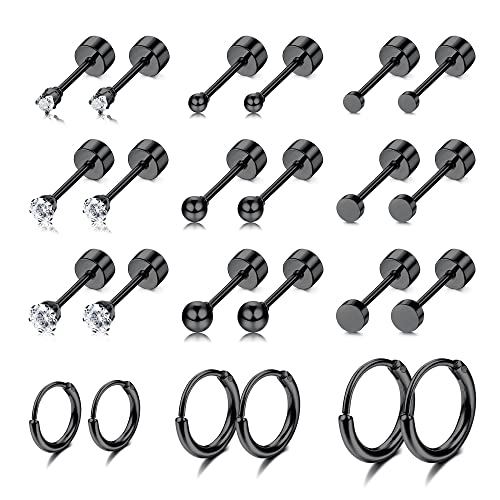 FASACCO Small Tiny Stud Flat Back Earring Hypoallergenic Gold Studs 14K Surgical Steel Earring Sets for Multiple Piercing Cartilage Hoop Earrings - color: black tone