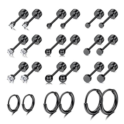 FASACCO Small Tiny Stud Flat Back Earring Hypoallergenic Gold Studs 14K Surgical Steel Earring Sets for Multiple Piercing Cartilage Hoop Earrings - color: black tone