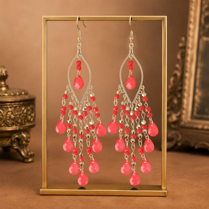 Boho Chandelier Earrings, Beaded Tasse Dangle Earring for Women, Red, Black, Blue, White, Colorful Long Earrings - color: Red